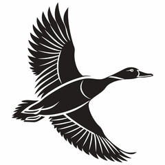 Familiar Duck silhouette vector icon, depicted in a characteristic flying pose with outstretched neck. This clean, black graphic is ideal for nature scenes, hunting themes, or rural designs.