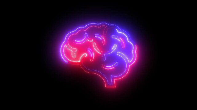 Neon brain thinking icon on the transparent background. HD Video Motion Graphic Animation of human brain on Black Background. 4k video animation.
