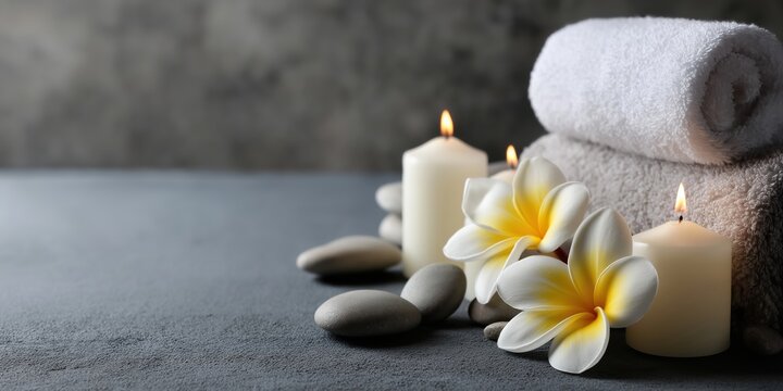 Experience tranquility with this spa wellness scene featuring soft towels, calming candles, and soothing frangipani flowers