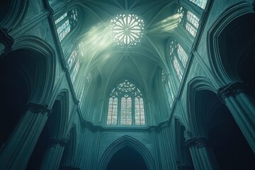 Stunning Gothic architecture features intricate ceiling design and colorful stained glass windows in a historic cathedral