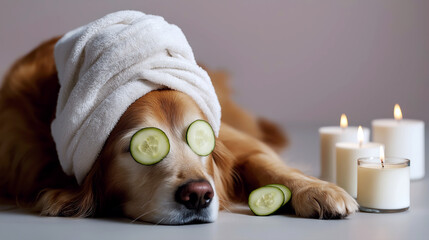 A golden retriever lies comfortably in a spa setting, adorned with a towel and cucumber slices. Soft candles enhance the soothing atmosphere