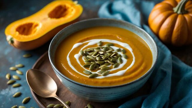 Classic pumpkin soup with a smooth, creamy texture garnished with seeds. This soup is generally a thick soup made from pureed pumpkin, served either hot or cold.