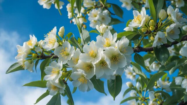 Pyrus communis showcases white blossoms contrasted by a blue sky background.