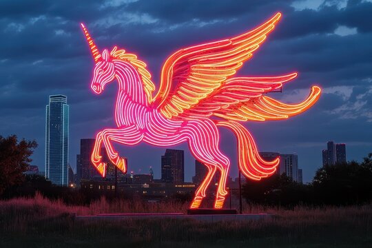 Neon winged horse sculpture illuminated against a twilight city skyline in downtown Dallas showcasing the vibrant urban landscape and nightlife energy