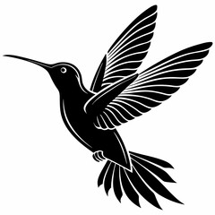 Dynamic Hummingbird silhouette vector icon, frozen in its characteristic hovering flight, showcasing rapid wing movement. This clean, black graphic captures the energy and delicacy of this tiny bird. 