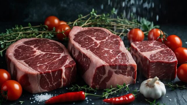 Raw marbled beef steaks showcased on a dark background.