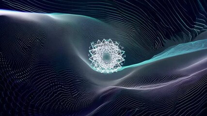 Abstract digital wireframe sphere continuously rotating with dynamic flowing blue energy waves. The geometric structure pulses with futuristic technological patterns - Powered by Adobe
