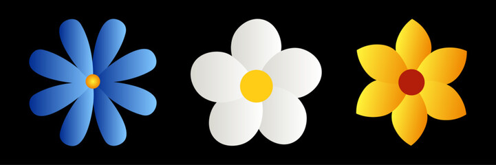 Colorful Vector Flower Set, Abstract Floral Icons with Petals on Black Background