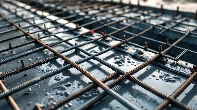 Decking with reinforcing steel mesh, ready for pour.