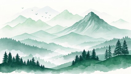 Misty Green Mountain Watercolor Landscape, nature art, watercolor painting