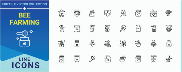 Bee Farming icon pack. Includes symbols for beehive, honeycomb, food, beeswax, dessert, honey bee and more. Honey And Bee icon set. Minimalist icons collection. Editable stroke. Vector collection.
