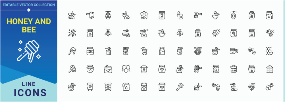 Honey And Bee line icon set. Contain linear sign honeycomb, wax, hive, beekeeping, bee. Bee icon set. Minimal icons collection. Pixel perfect. Editable stroke.