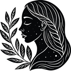 Elegant flower girl with a beautiful floral design and stylish hair pattern profile silhouette sketch