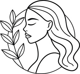 Beautiful woman's face illustration with flower in hair, a stylish line art profile design