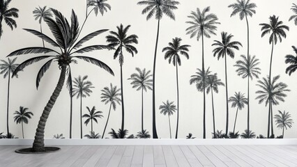 Monochrome Palm Tree Wall Mural Interior Design, tropical decor, palm wallpaper