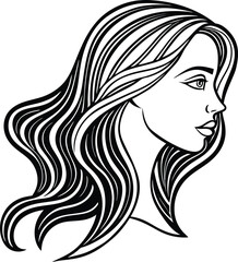Stylish long hair beauty illustration of a woman's head with elegant lips and eyes in a black line art design