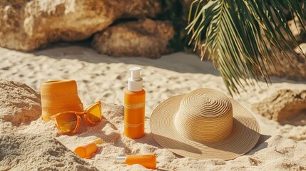 Sun care products and beach essentials (like a straw hat and sunscreen) artfully displayed on a sandy beach.  Perfect for sun safety awareness visuals.
 