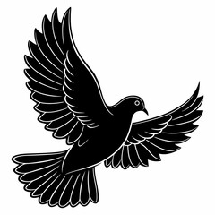 Obraz premium Peaceful Dove silhouette vector icon, depicted in gentle flight with wings gracefully spread. This clean, black graphic is a timeless symbol of peace, hope, and love. Perfect for wedding invitations, 