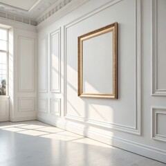 Ornate Gold Frame on White Paneled Wall, interior design, mockup Interior Design, Mockup