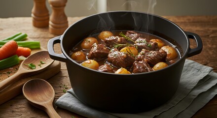 A hearty Irish stew with lamb, potatoes, and Guinness broth on a kitchen table