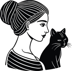 Girl with a black and white cat vector illustration