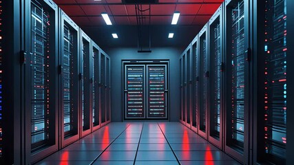 Modern server room interior with rows of data racks illuminated by red and blue LED lights in a high-tech data center environment

 - Powered by Adobe