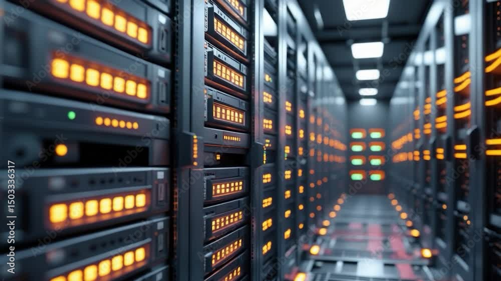 Poster server units in a cloud service data center depicted in ai render with flickering lights indicating 