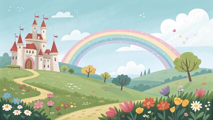 Rainbow Castle Landscape Fairytale Illustration, Castle, Rainbow Fantasy, Illustration