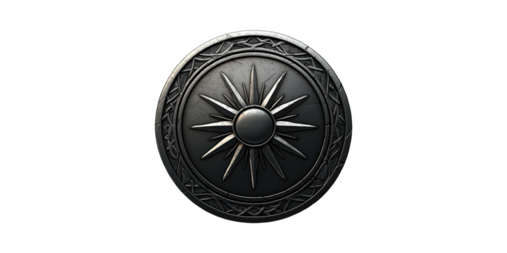 Medieval Metal Shield With Sunburst Design. Symbol Of Protection And Historical Warfare Isolated On Transparent Background