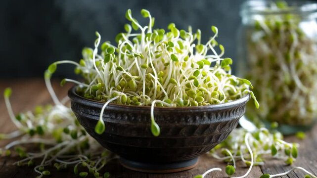Mung sprouts in a dish on the table, viewed from above. Sprouted green beans.