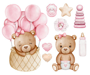 Watercolor Teddy Bear Girl Nursery Collection