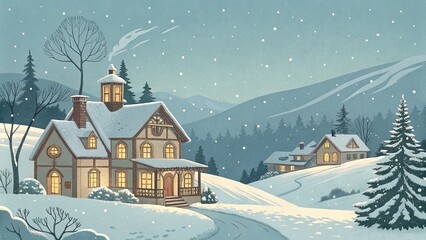 Fototapeta premium Snowy Cottage Winter Landscape Illustrated Houses, Snowfall, Mountains, Winter Scene, Christmas Card Winter, Holiday