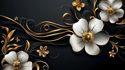 Black Gold Floral Paper Art Elegant 3D Flowers, Swirls and Gold Accents, digital art, wallpaper Paper art, 3D art