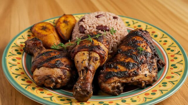 Jamaican jerk chicken platter with rice peas and fried plantains on a colorful patterned plate