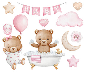 Watercolor Pink Baby Girl Teddy Bear Clipart Set