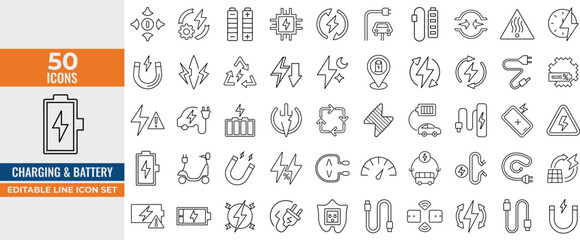 Charging & Battery Line Icon Set – Editable Vector Icons of Power, Energy, Electric Vehicles, Chargers, and Charging Stations