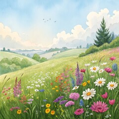 Watercolor Wildflower Meadow Landscape, Spring Flowers, Nature Art Wildflower, Meadow