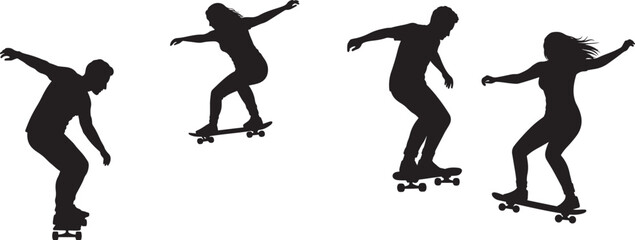 Man and woman riding skateboards silhouette vector illustration
