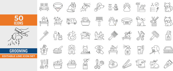 Grooming Line Icons Set – Vector Collection for Washing, Brushing, Nail Trimming & Pet Care
