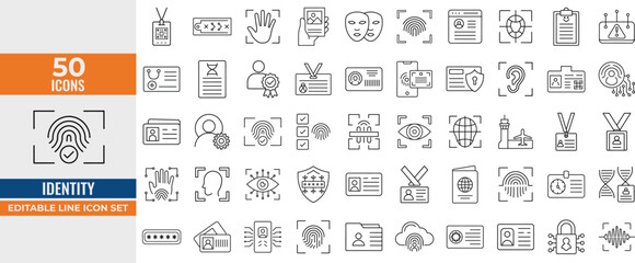 Identity & Verification Line Icon Set – Editable Vector Icons for ID Cards, Fingerprints, Documents, Passports, DNA & Biometric Security