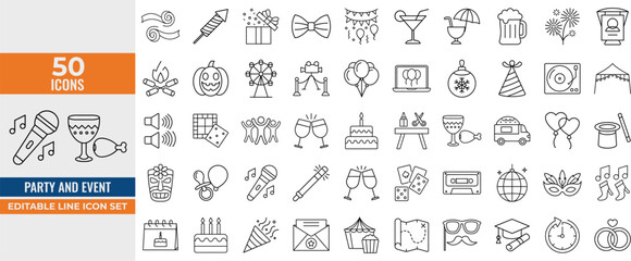 Party and Event Icon Set &ndash; Editable Vector Icons of Balloons, Confetti, Party Hats, Gifts, Tickets, Decorations & More