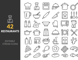 Vector Editable Stroke Restaurant And Cooking Icons Culinary Kitchen and Food Symbols

