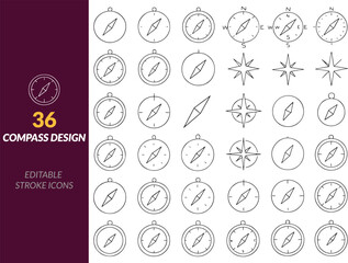 Vector Line Art Editable Stroke Compass Icons Navigation, Direction And Exploration Symbol Set








