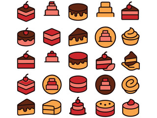 Vector Cake and Dessert Icon Set with Sweets and Bakery Food Illustrations