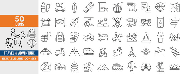 Travel & Adventure Editable Line Icon Set Vector Illustration