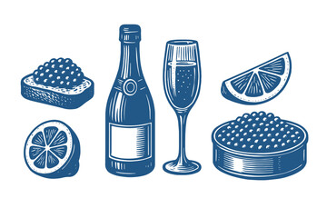 Caviar and champagne engraving style vector illustration © Victoria