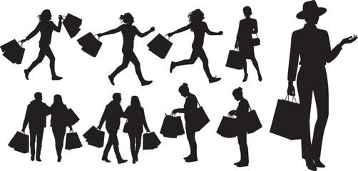 Shoppers holding bags different angles silhouette vector illustration