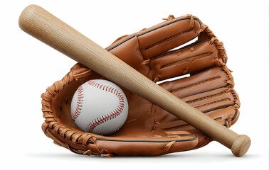 Baseball Glove with Ball and Bat Ready for Playing Sport