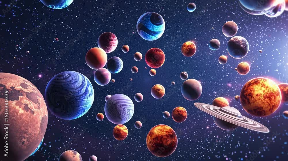 Wall mural cosmic journey: colorful planets and asteroids float through a starry universe space exploration con