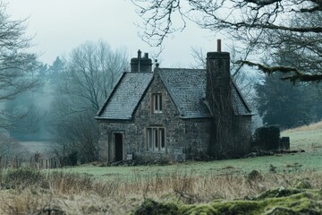 Obraz premium Old stone house in foggy countryside landscape